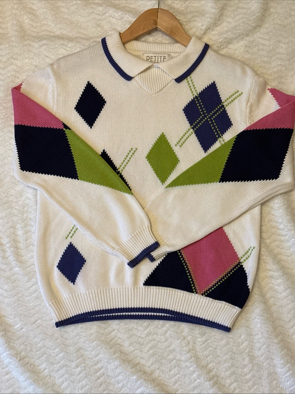 Petite Sophisticate White Argyle Polo Sweater with Pink, Navy & Lime Accents - Picture 3 of 7